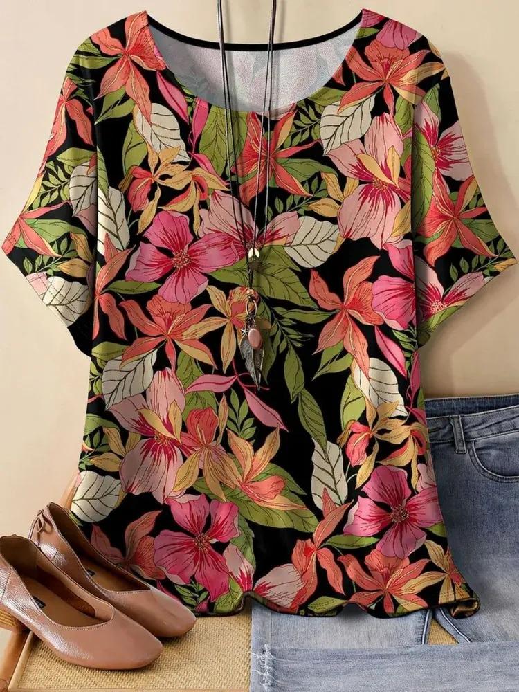 Summer women's printed pattern T-shirt casual short sleeved top fashionable women's round neck T-shirt