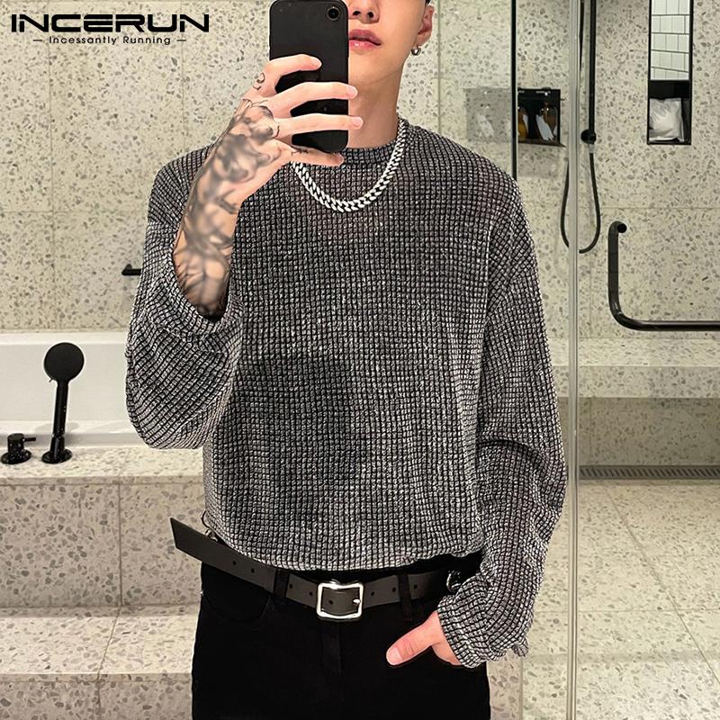 INCERUN Jarní muži s dlouhými rukávy s kulatým výstřihem strana prohlédnou topy