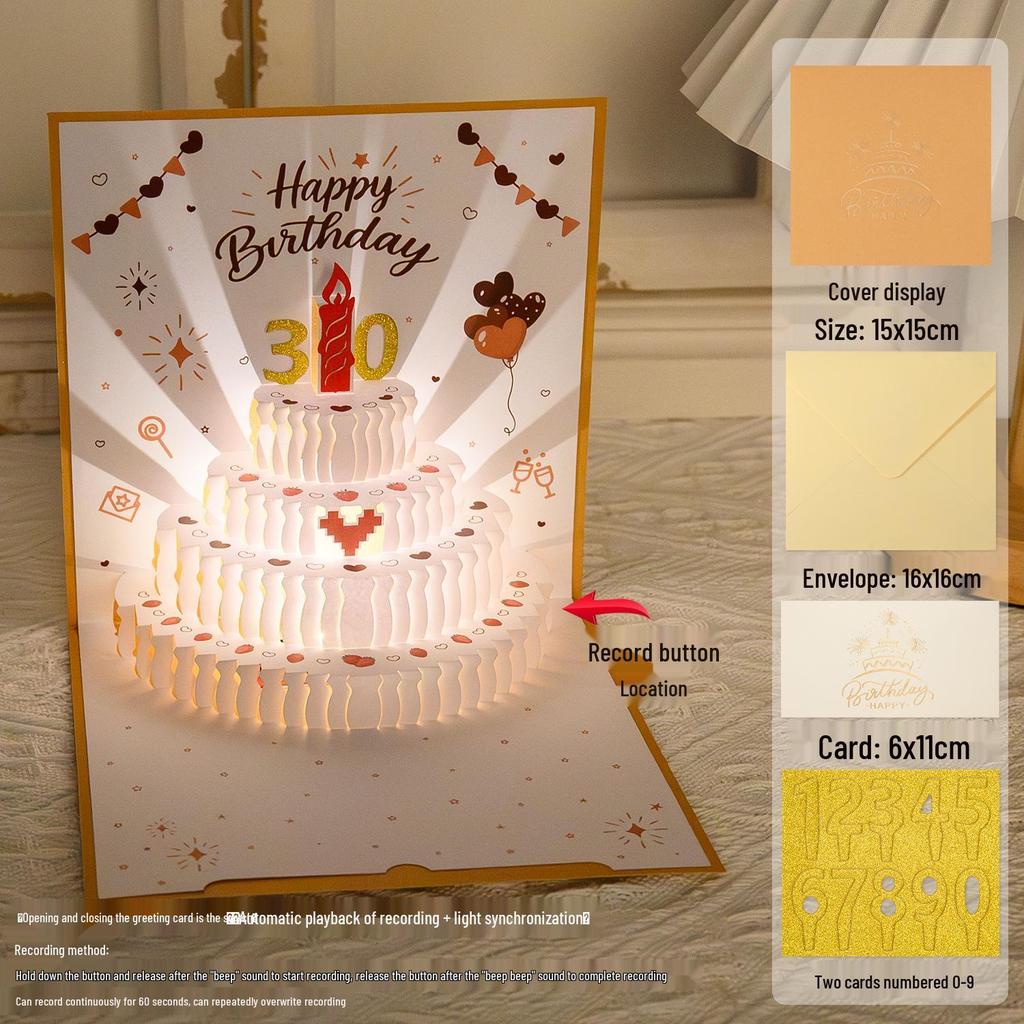 3D Pop-Up Geburtstags-Soundkarte mit Aufnahme-Licht - Kuchen-Design für Freund/Freundin Geschenk