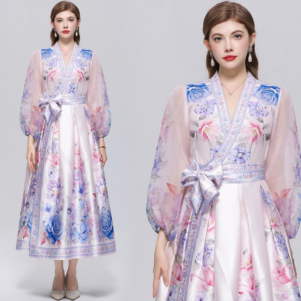 Wunderschönes Blumenwickel-Langarmkleid Damen V-Ausschnitt Laternenärmel Chiffon-Patchwork Dickes Satin-Band-Schnürgürtel Partykleid
