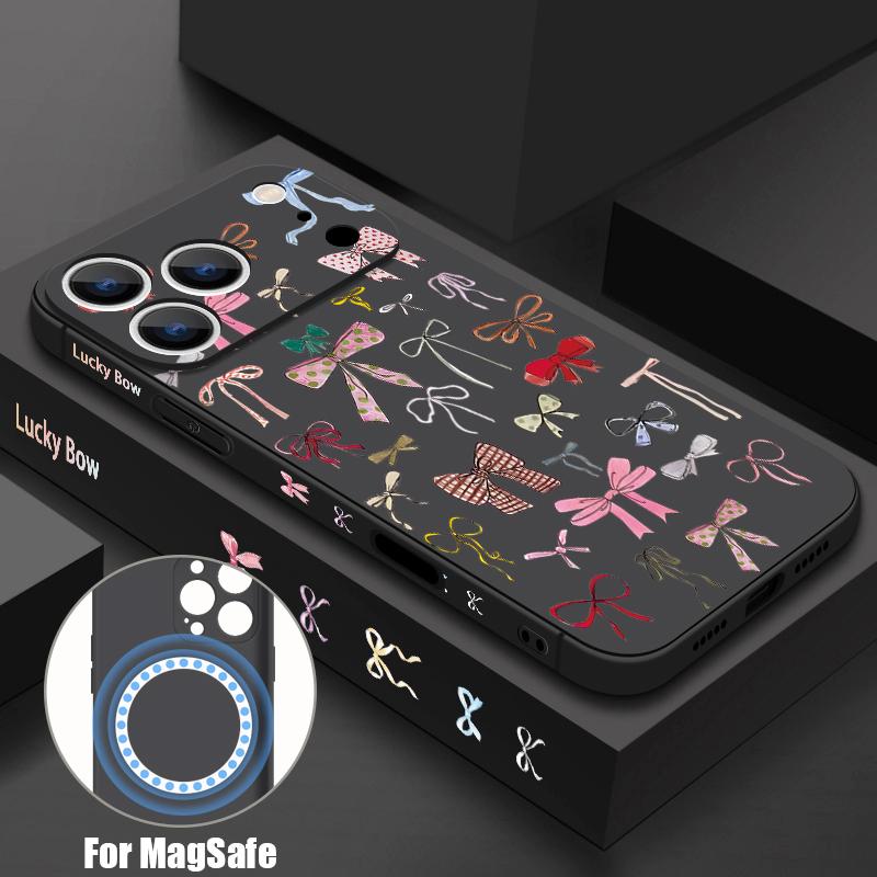 

For iPhone 17 Pro Max Case Luxury Silky Bowknots Pattern Magnetic For Magsafe Soft Cover For iPhone 16 15 14 13 Pro Max 17E 16E iPhone 16e/17e чёрный