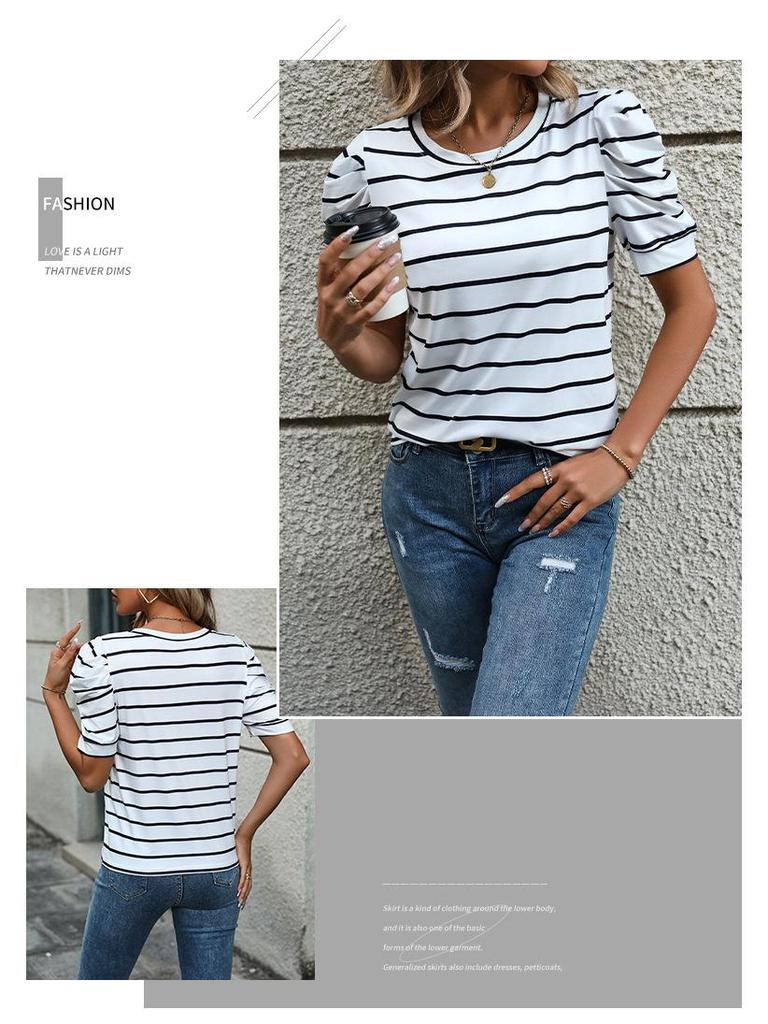 Summer 2026 New Arrivals: Simple Style Puff Sleeve Striped Women's T-shirt