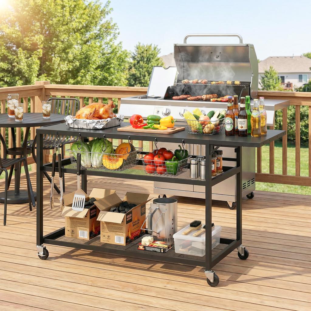 Garden Trolley Barbecue Cart on Casters with Foldable Side Tray, Three Shelves, 133 x 48.5 x 82 cm, Black