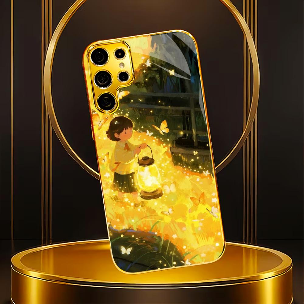 Protective Cover Cartoon High-end Electroplating Glass PhoneCase for Samsung Galaxy S26 S25 S24 S23 S22 S21 FE,Ultra,Plus