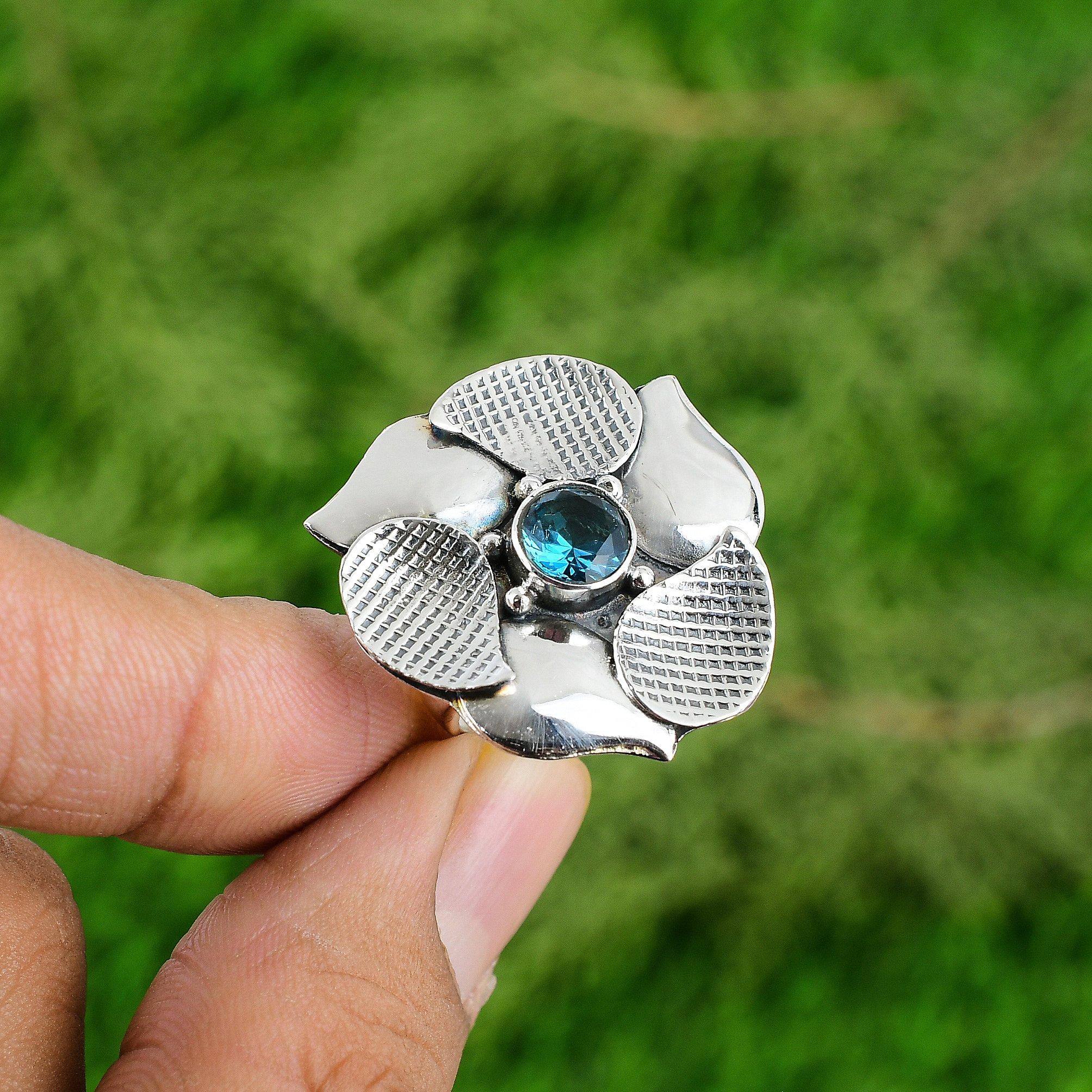 

Серебро 925 пробы Натуральный швейцарский голубой топаз Мульти камень Цветок Регулируемое кольцо Adjustable