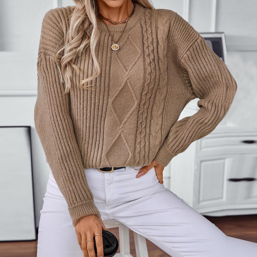 Women's Fashion Casual Round Neck Solid Color Long Sleeve Loose Knit Pullover Sweater