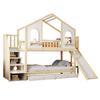 Children's Bunk Bed 90 X 200 Cm, House-Shaped with Curved Windows, with Storage Ladder and Slide, Drawers, Double Bed, Wood Color
