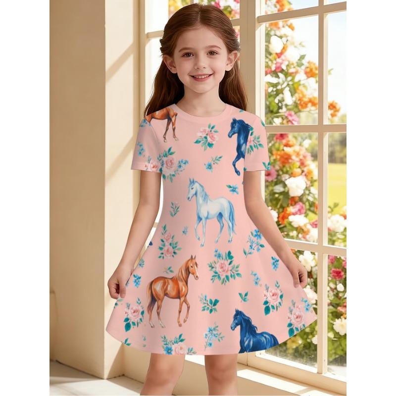 

Girls 3D Printed Short-Sleeve Dress with - A-Line Midi Length Dress Suitable for Casual Attire & Outfits, 110
