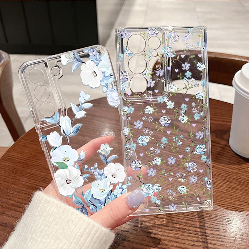 Creative Flowers Pattern Phone Case For Samsung Galaxy S26 S25 S24 S23 Ultra S22 Plus S24 S21 FE S25Edge Transparent Soft Cover