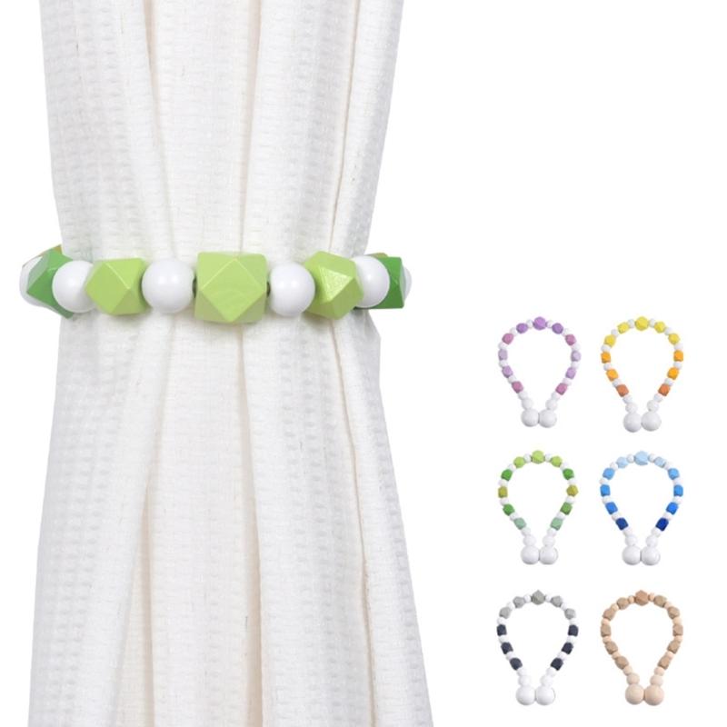 2Pcs No Tool Installation Curtain Holders Gradient Wooden Beads Magnetic Window Drapery Tiebacks Holdbacks Home Upgrades