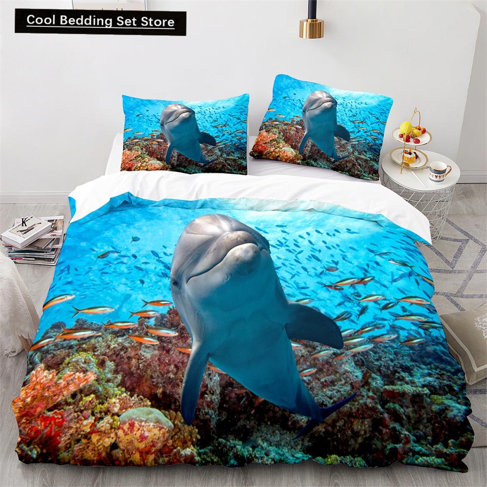 Delfin Bettbezug King Queen Größe Liebliches Meeresleben Bettwäscheset für Kinder Jungen Mädchen Niedliches Ozeantier 2/3-teilig Polyester Steppdeckenbezug