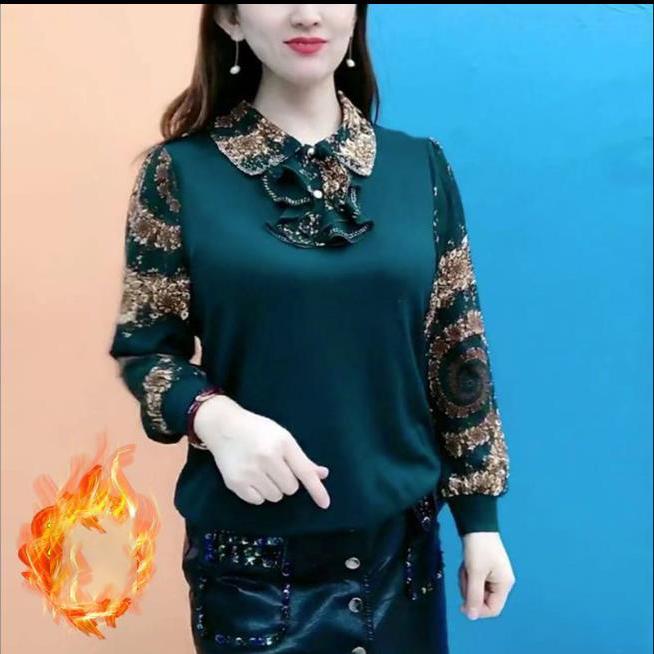 Thicken Casual Vintage Printed Shirt Commute Peter Pan Collar Button Spring Autumn Women's Clothing Fashion Ruffles Spliced Loose Blouse