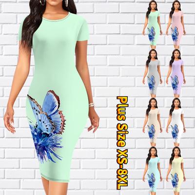 Slim Short Sleeve Knee-length Dress Fashion Women Midi 3D Blue Butterfly Print Dress