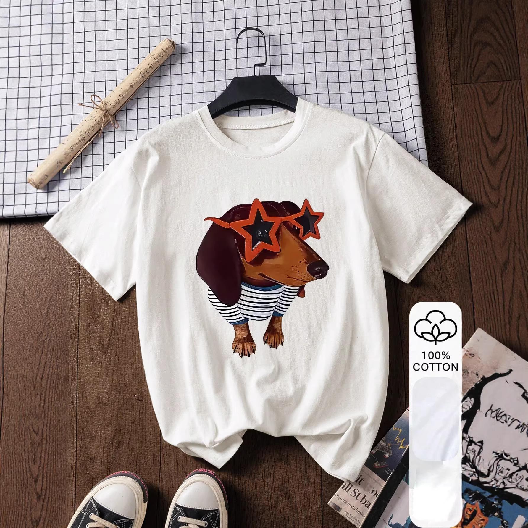 2026 Spring/Summer Cartoon Sausage Dog Print Loose Pure Cotton T-Shirt S белый