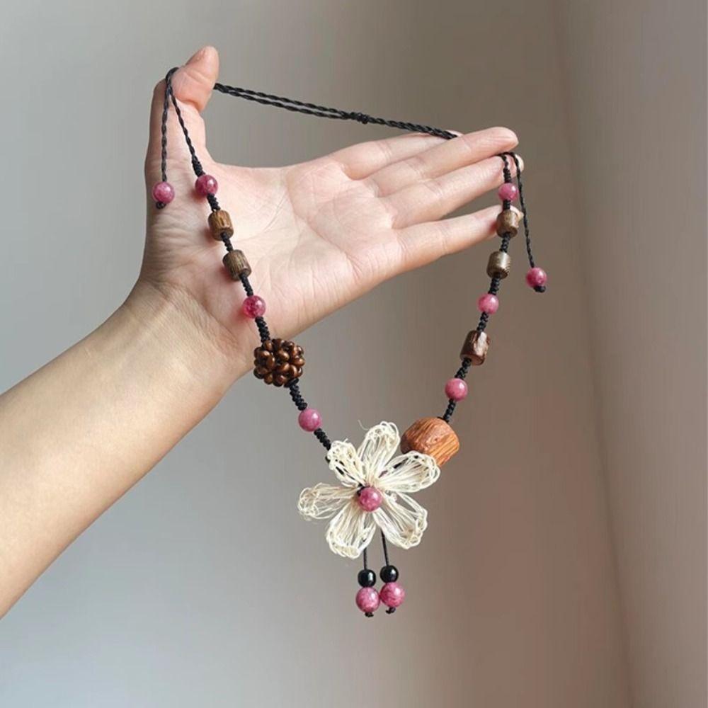 Retro Design Flower Beaded Necklace Weaving Technique Beaded Decoration Wood Bead Necklace Long Length Braided Rope Necklace