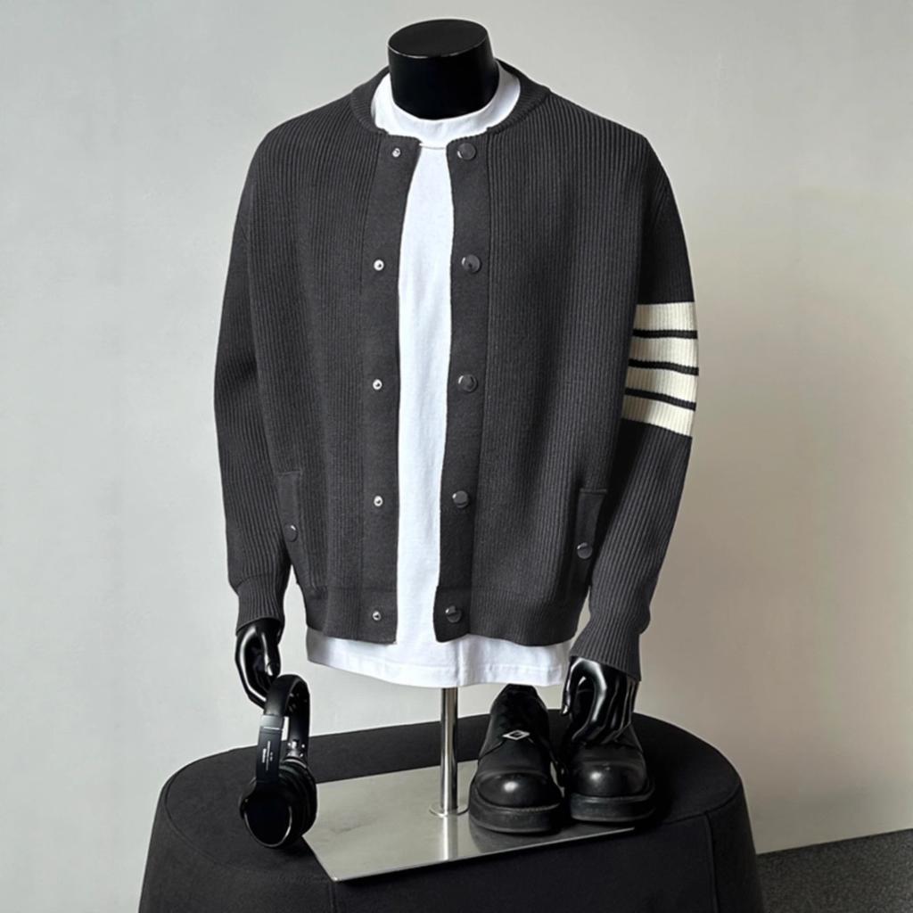 Grey Baseball Collar Knitted Sweater Jacket Men's Autumn and Winter Wear High-end Top Trendy Brand Loose Striped Cardigan Sweater