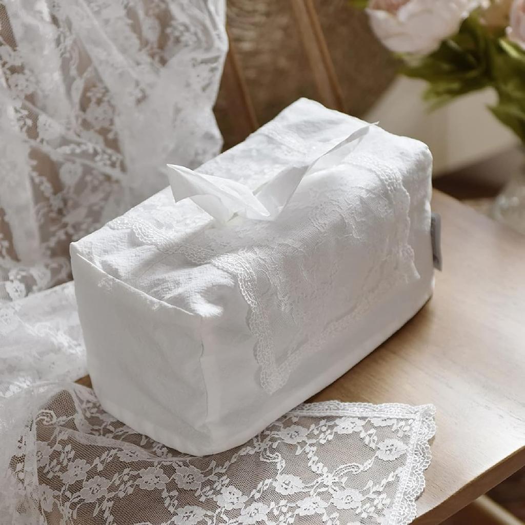 Rose Flower Home Living Rectangle Premium Cotton Tissue Box Cover with Lace, Well-Stitched House Decoration Refill Holder, Facial Paper Dispenser for