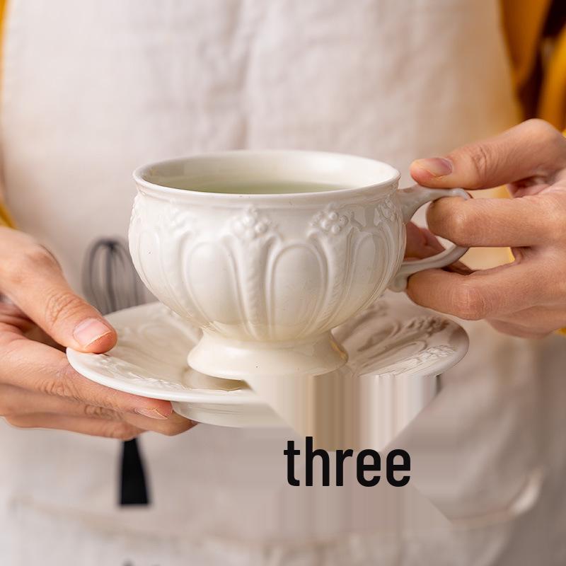 Embossed Retro British Court Style Ceramic Tea Set with Teapot & Cups Beige Embossed Series
