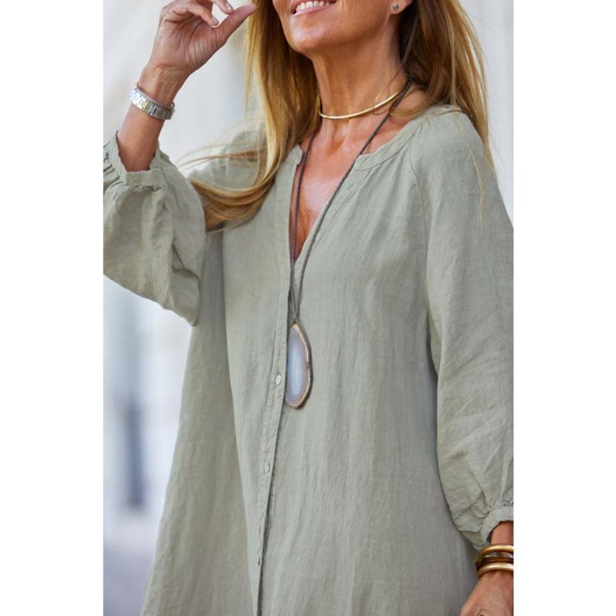 YYFS Women's Fashion Summer Spring Solid Color Print 3/4 Sleeves V-Neck Loose Waistline Casual Dresses