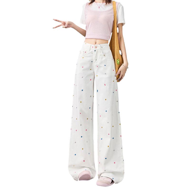 2026 Spring/Summer Women's Plus Size High-Waisted Wide-Leg Jeans with Floral Embroidery - White, Slimming, Versatile
