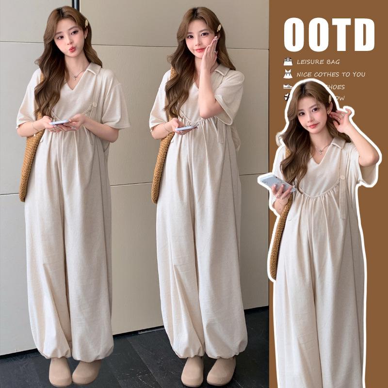 Versatile Tulip Bloom Maternity Overalls & Short Sleeve Top Set – Stylish Summer Wear M