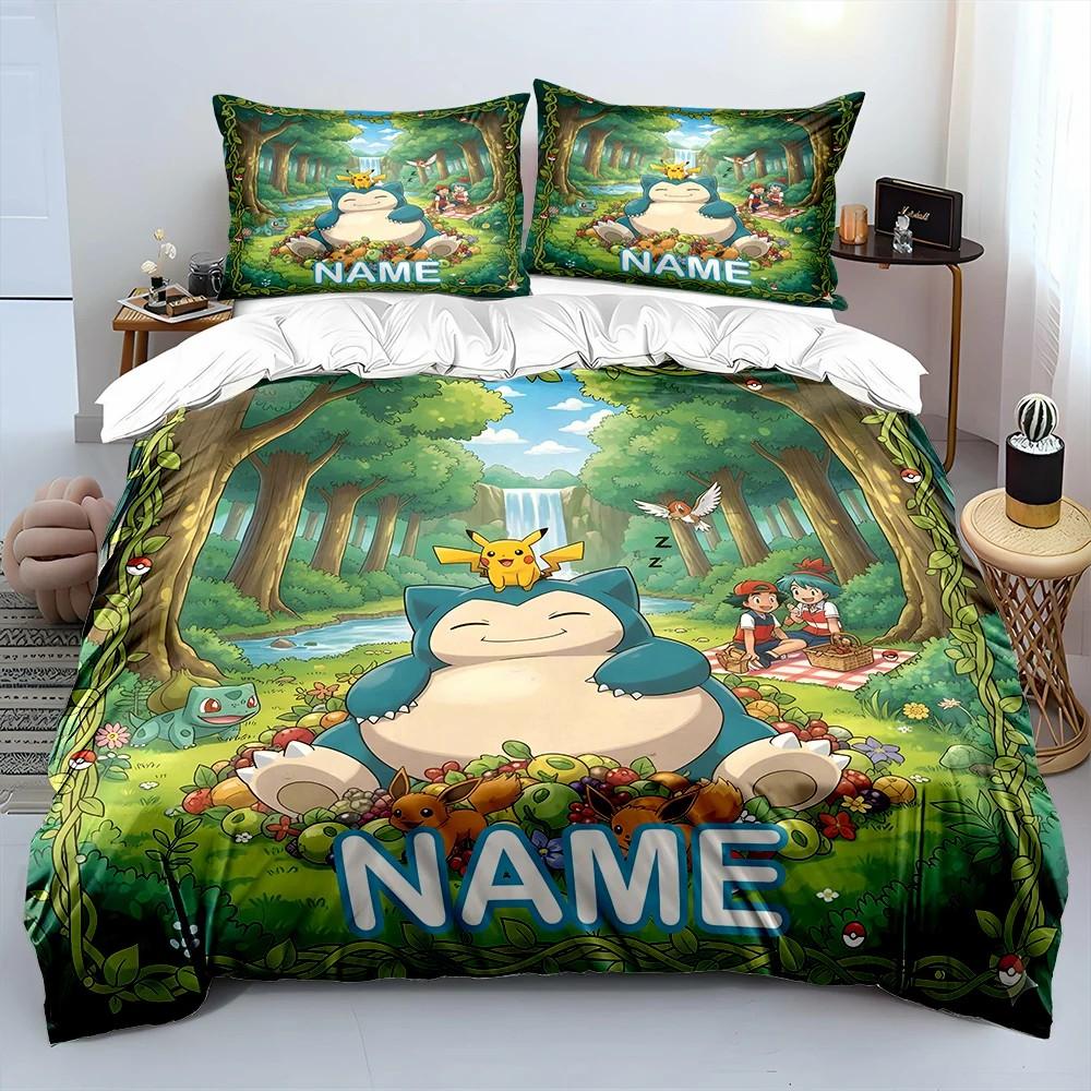 Custom Name Cute Pokemon Snorlax Printed Bedding Set Exquisite Bedding For Double And Single Beds Kids Bedroom 3-Piece Set Gift