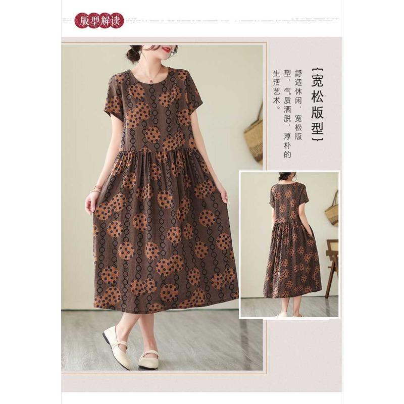 2025 Summer New Retro Literary Loose Round Neck Short Sleeve Midi Dresses