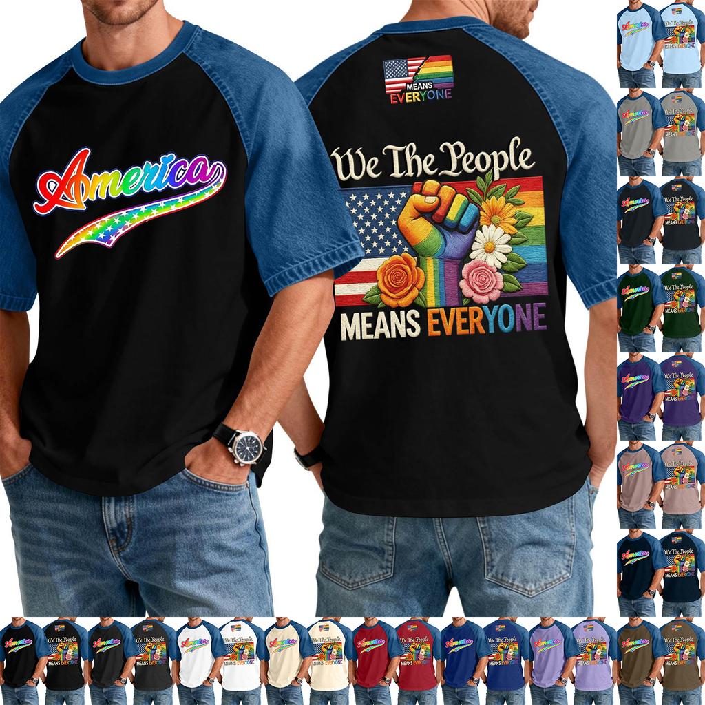 Men's Casual Short Sleeve T-Shirt Denim Patchwork Comfortable Fit Crew Neck Top with Printed Graphic Design Suitable for Everyday Wear