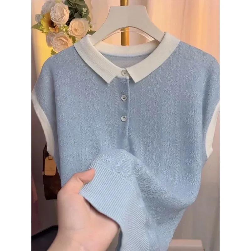 Women Color Block Polo Neck Knit Top Short Sleeve Jacquard Sweater M синий
