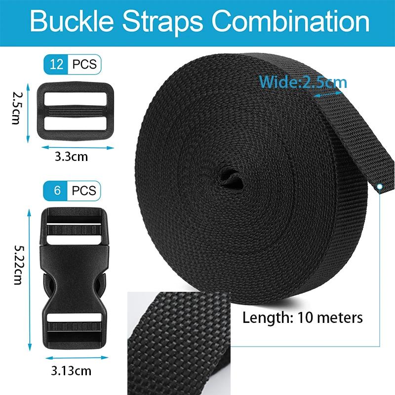 

10M Nylon Webbing Backpack Pet Buckle Strap With 6pcs Adjustable Side Release Plastic Buckles and 12PCS Tri-Glide Slide Clip
