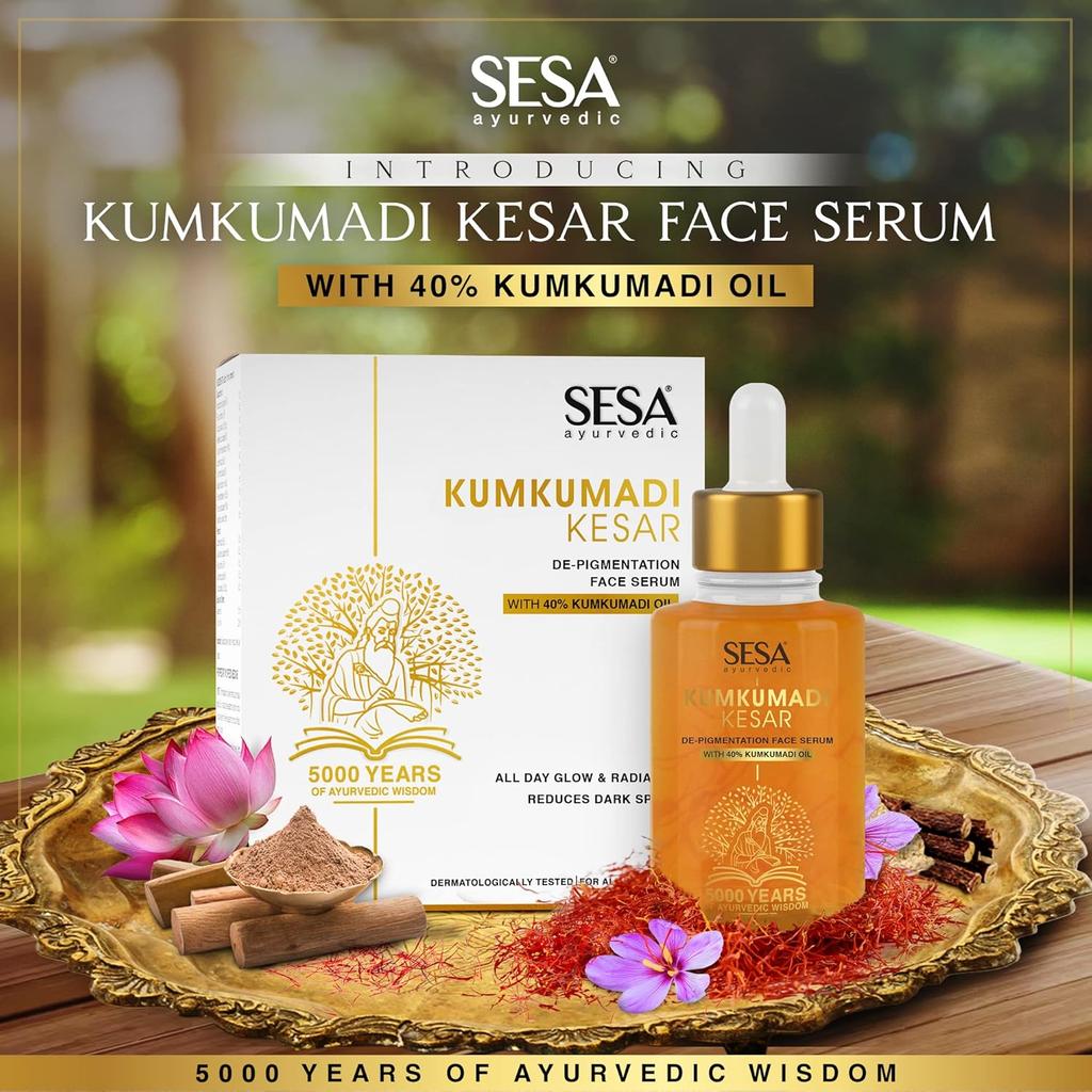 SESA Kumkumadi pleťové sérum 30 ml pro zářivou pleť s 40% Kumkumadi olejem, lehké, nelepivé, hydratační sérum proti stárnutí