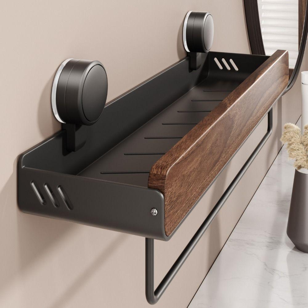 Mid-Century Modern Bathroom Shelf Walnut Finish Strong Grip Bathroom Storage Rack Space Saving Drill-Free Wall Mounted Organizer