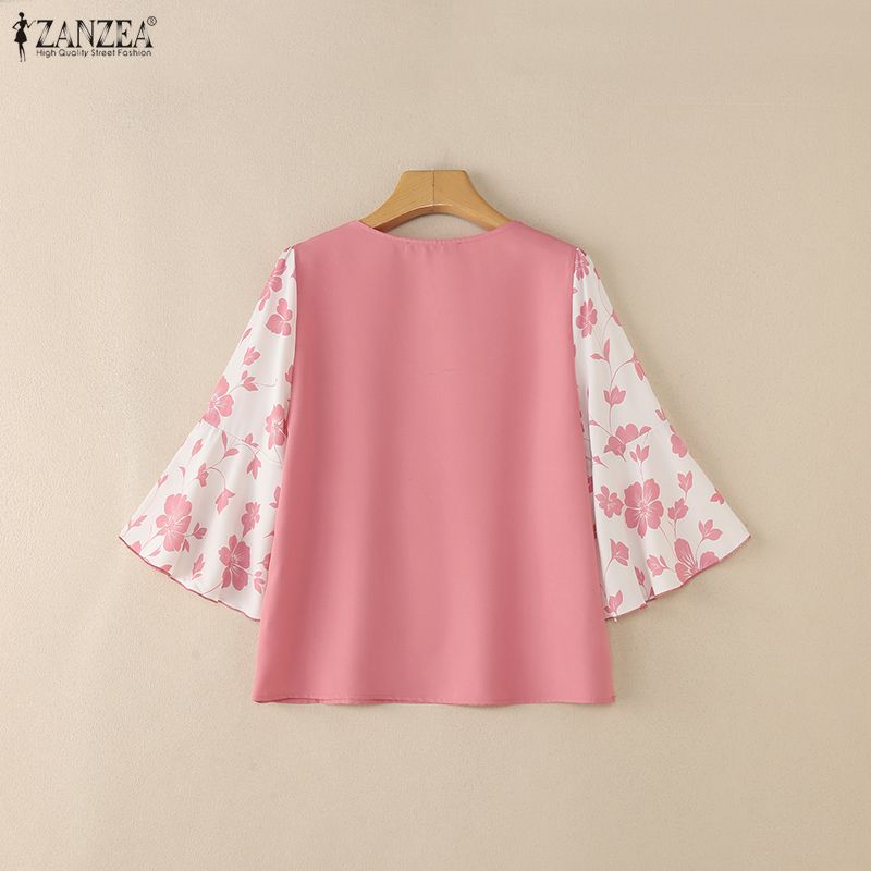ZANZEA Women Casual V-Neck Print Splice 3/4 Sleeve Loose Blouse