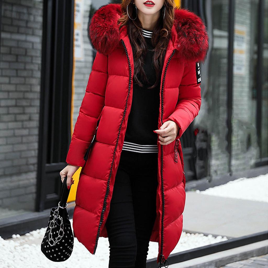 Women's Fashion Big Hair Collar Slim Waist Long Down Cotton Jacket Cotton Coat