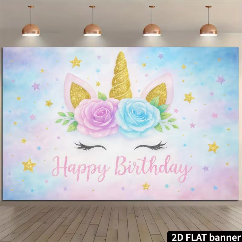 2D Pastel Blue Pink Unicorn Birthday Backdrop with Flowers and Stars Party Banner