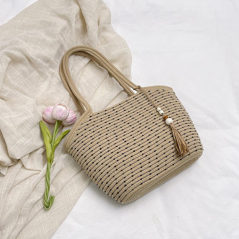 Woven cotton woven bag large capacity 2025 new summer versatile shoulder seaside vacation beach tote bag