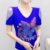 New European Brand Women's Clothes T-shirt Sexy V-Neck Luxury Butterfly Hot Diamonds Girls Tops Fashion Summer Short Sleeve Tees