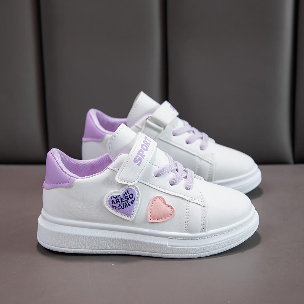 [Niedliche Kinder-Sneaker] Niedliche Kinder-Freizeit-Sneaker | Herzmuster Weiß & Rosa Low-Top Schnürschuhe, Runde Zehenpartie, Obermaterial in Lederoptik, Stoff-Innenseite