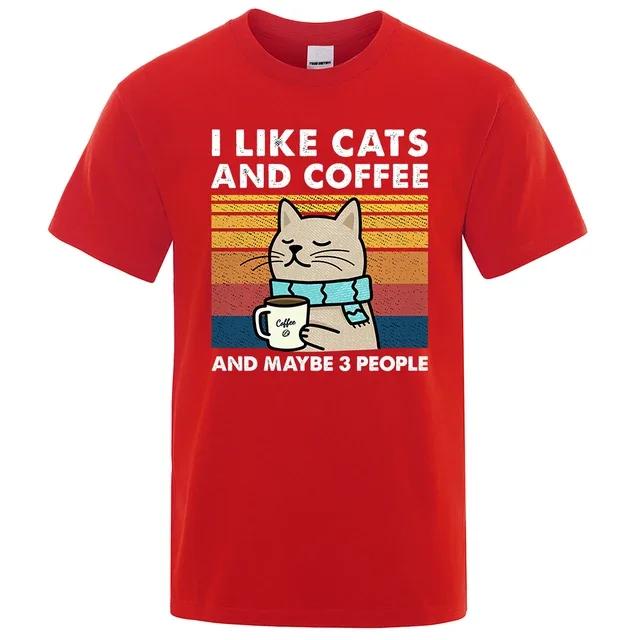 I Like Cats And Coffee Street Funny T-Shirt For Men Fashion Casual Loose Cotton Clothing Crewneck Breathable Tshirt Hip Hop Tees