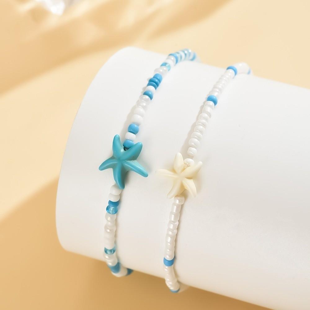 2Pcs Starfish Beaded Beaded Anklets Chain Set Bohemian Style Foot Bracelets  Jewelry Accessories