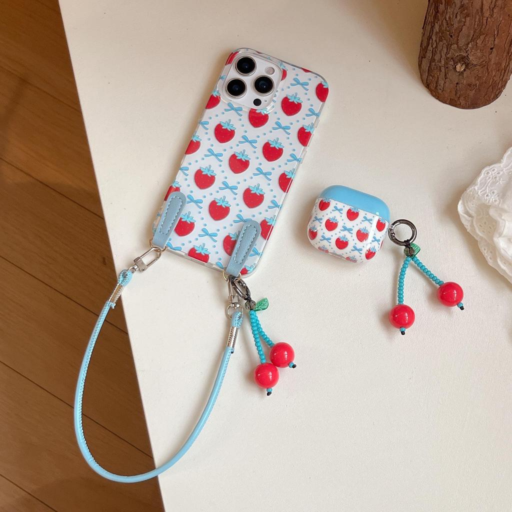 Strawberry Bow Blue Cross-Body iPhone 16/17 Pro Max Phone Case for Apple 15/14