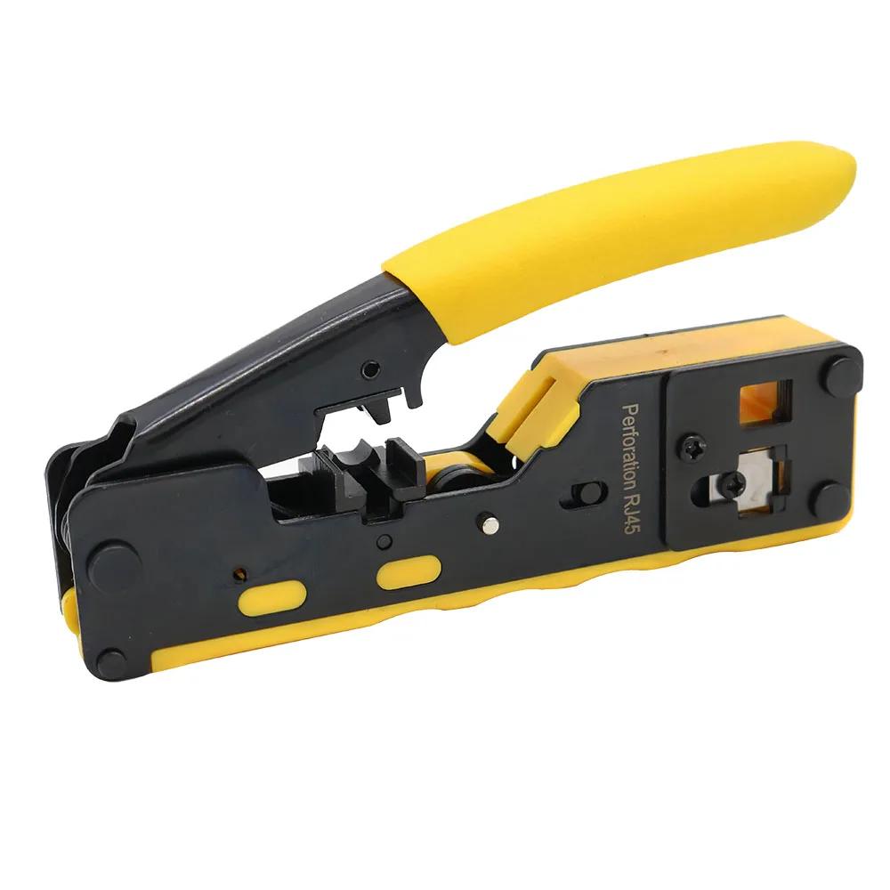 RJ45 Crimp Tool Pass Through Crimper, All In One Crimping Tool Ethernet Cable Crimper Stripper for Cat6a Cat6 Cat5 Cat5e
