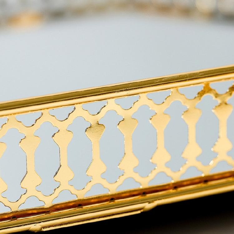 Gold Trimmed Glass Cosmetic Storage Tray Elegant Makeup Perfumes Organizer Metal Construction Display Plate