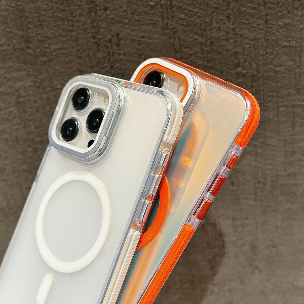 For iPhone 15 Pro Max Magnetic Case TPU Acrylic Phone Back Cover with Lens Film and Kickstand