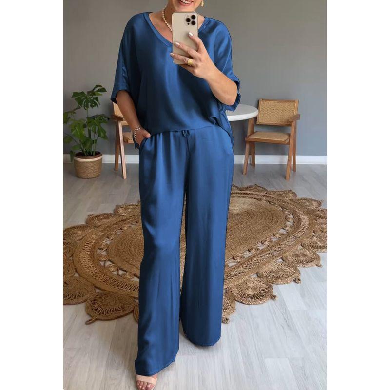 

Solid Color V-neck Top and Pants Set Solid Color and V-neck Tops Casual Pants Suit Blue 4XL