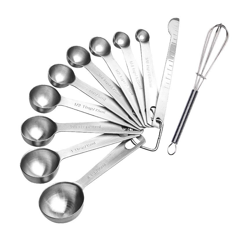304 Stainless Steel One-Piece Round Handle Measuring Spoon Set with Hook Scale for Baking and Coffee