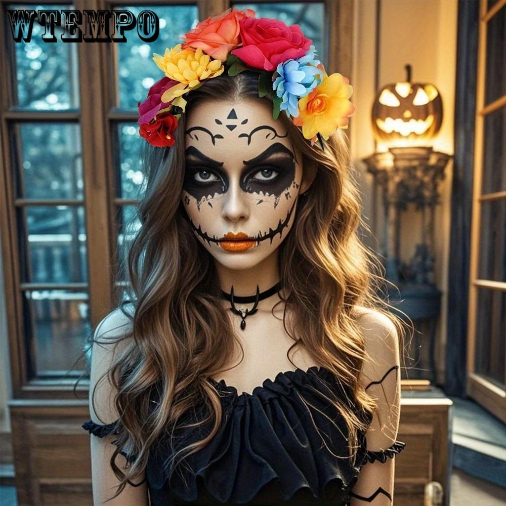 Mexican Rose Flower Crown Headband Day of The Dead Floral Rose Crown Headband Headpiece for Halloween Costume Party Headbands with Colorful Flowers
