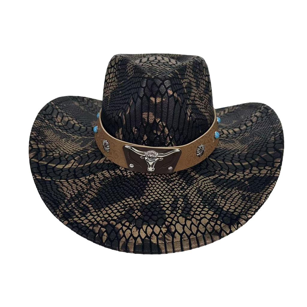 European And American Snake Pattern Western Cowboy Hat Ethnic Style Bull Head Decoration Men'S And Women'S Top Hat 9.5Cm Large Brim Jazz Hat