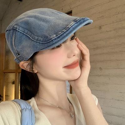 Early Autumn New Hat Women'S Retro Washed Denim Forward Hat Big Head Circumference Beret Showing Face Small Newsboy Hat