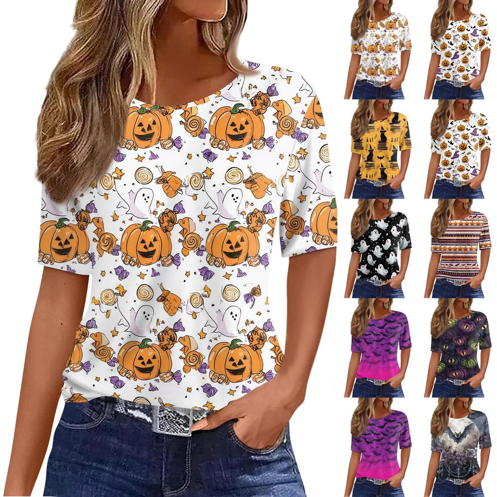 Women's Casual Short Sleeve Pullover Top Halloween Bat Pumpkin Print Round Neck Relaxed Fit Shirt for Fall Seasonal Wear